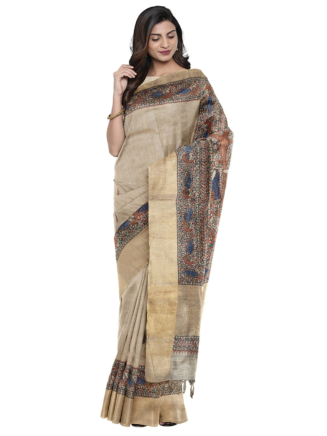 Radha Krishna under the Kadamb Tree – A Divine Melody on Tussar Ghicha Silk